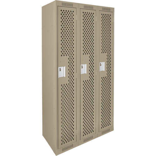 Clean Line Lockers, Bank of 3, 36" x 15" x 72", Steel, Beige, Rivet (Assembled), Perforated Les Distributions ICE