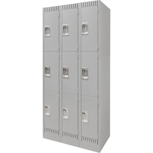 Lockers, 3 -tier, Bank of 3, 36" x 18" x 76", Steel, Grey, Knocked Down Les Distributions ICE