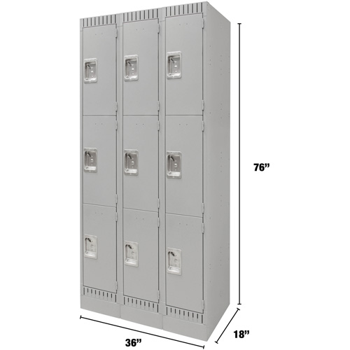 Lockers, 3 -tier, Bank of 3, 36" x 18" x 76", Steel, Grey, Knocked Down Les Distributions ICE