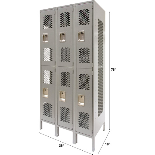 Vented Lockers, 2 -tier, Bank of 3, 36" x 18" x 78", Steel, Grey, Knocked Down, Perforated Les Distributions ICE
