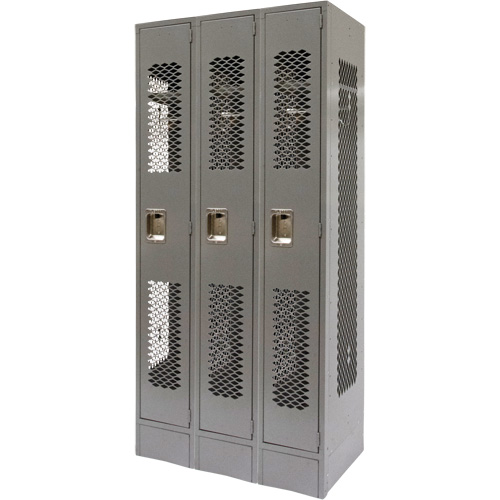 Vented Lockers, Bank of 3, 36" x 18" x 78", Steel, Grey, Knocked Down, Perforated Les Distributions ICE