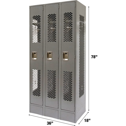 Vented Lockers, Bank of 3, 36" x 18" x 78", Steel, Grey, Knocked Down, Perforated Les Distributions ICE
