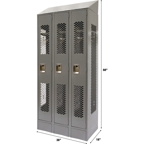 Vented Lockers, Bank of 3, 36" x 18" x 88", Steel, Grey, Knocked Down, Perforated Les Distributions ICE