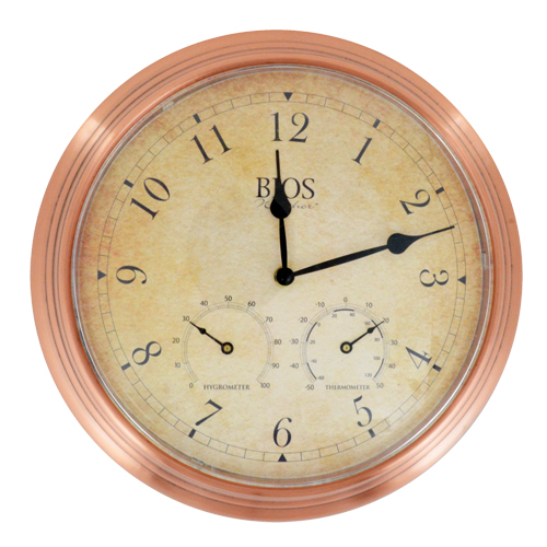 Horloge ext&eacute;rieure 3 en 1, Analogique, &agrave; piles, 14" dia., Brun Les Distributions ICE