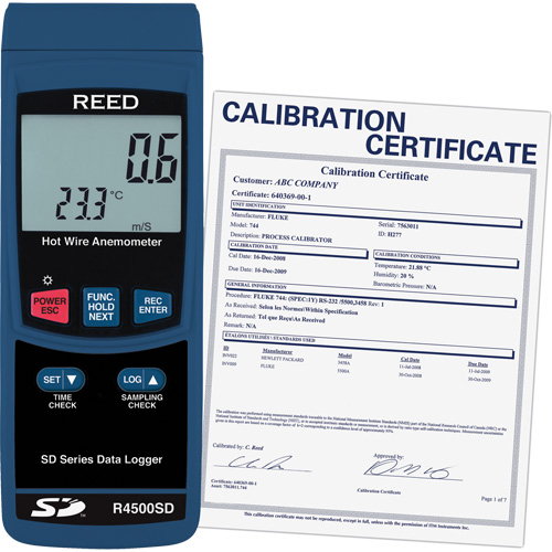 Thermo-an&eacute;mom&egrave;tres &agrave; fil chaud avec enregistrement de donn&eacute;es et certificat de calibration, Enregistrement des donn&eacute;es, Gamme de v&eacute;locit&eacute; d'air de 0,2 - 25 m/sec Les Distributions ICE