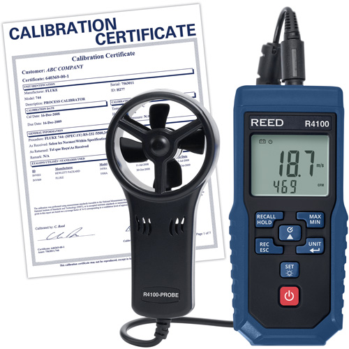 Thermo-an&eacute;mom&egrave;tre &agrave; aube R4100 avec volume d'air et certificat d'&eacute;talonnage, Enregistrement des donn&eacute;es, Gamme de v&eacute;locit&eacute; d'air de 0,4 - 30 m/sec Les Distributions ICE