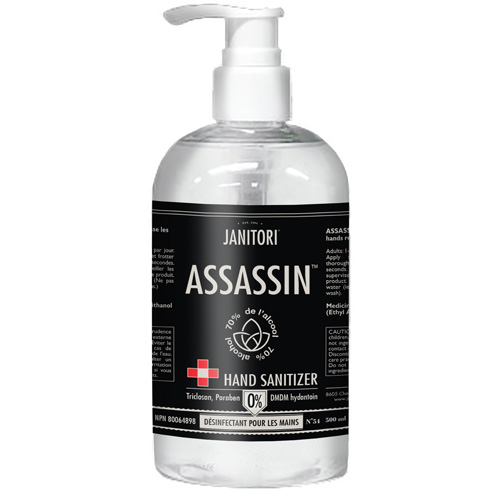 D&eacute;sinfectant pour les mains 54 Assassin, 500 ml, Bouteille &agrave; pompe, 70 % alcool Les Distributions ICE