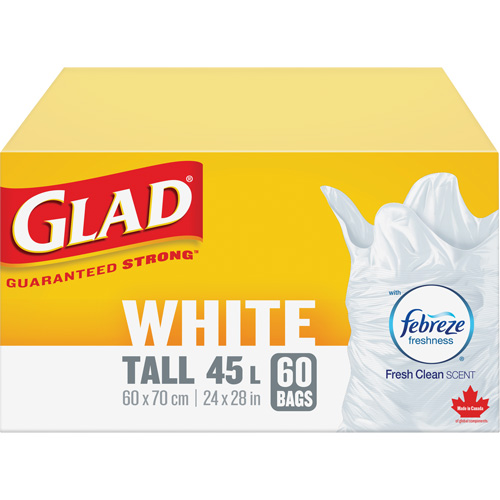Sacs &agrave; ordures hauts 45 L avec Febreze, R&eacute;gulier, 24" la x 28" lo, Blanc Les Distributions ICE