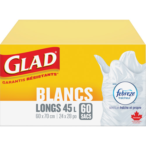 Sacs &agrave; ordures hauts 45 L avec Febreze, R&eacute;gulier, 24" la x 28" lo, Blanc Les Distributions ICE
