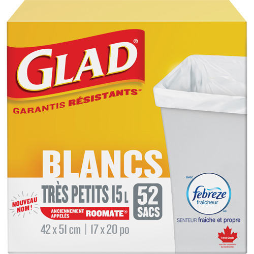 Tr&egrave;s petits sacs &agrave; ordures 15 L avec Febreze, R&eacute;gulier, 17" la x 20" lo, Blanc Les Distributions ICE