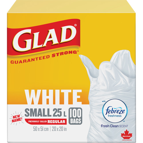 Petits sacs &agrave; ordures 25 L avec Febreze, R&eacute;gulier, 20" la x 20" lo, Blanc Les Distributions ICE