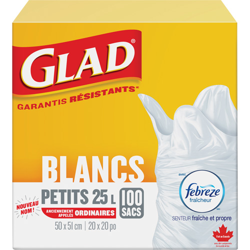 Petits sacs &agrave; ordures 25 L avec Febreze, R&eacute;gulier, 20" la x 20" lo, Blanc Les Distributions ICE