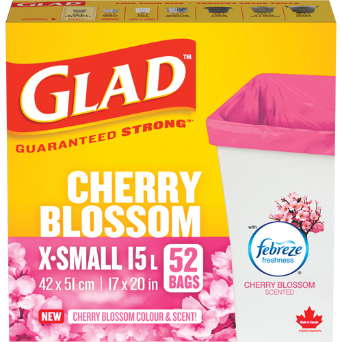 Glad&reg; Cherry Blossom Coloured & Scented Bags, Strong, 17" W x 20" L, Pink, 15 L (3.96 Gal.) Capacity Les Distributions ICE