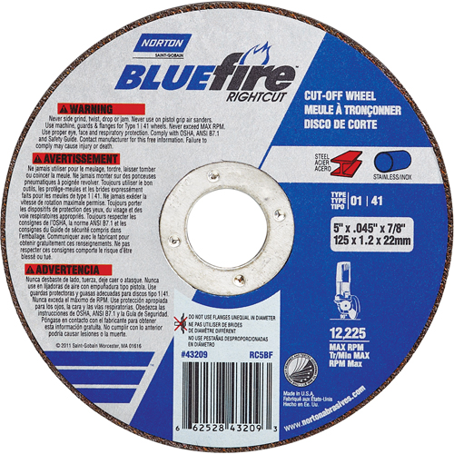 BlueFire&reg; Cut-off Wheel, 4-1/2" x 0.045"/1/16", 7/8" Arbor, Type 01/41, Aluminum Oxide/Zirconium, 13580 RPM Les Distributions ICE