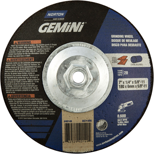 Gemini&reg; Saucer Wheel, 7" x 1/4", 5/8"-11 Arbor, Aluminum Oxide, Type 28 Les Distributions ICE