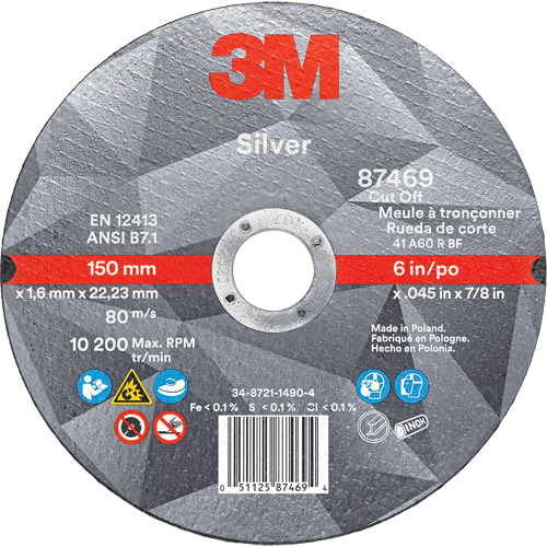 Meule &agrave; tronçonner Silver, 6" x 0,045", Arbre de 7/8", Type 1, C&eacute;ramique, 10 200 Tr/min Les Distributions ICE