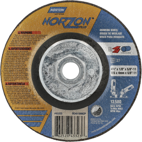 NorZon Plus SGZ CA Grinding & Cutting Wheel, 4-1/2" x 1/8", 5/8"-11 Arbor, Type 27, Ceramic Alumina Les Distributions ICE