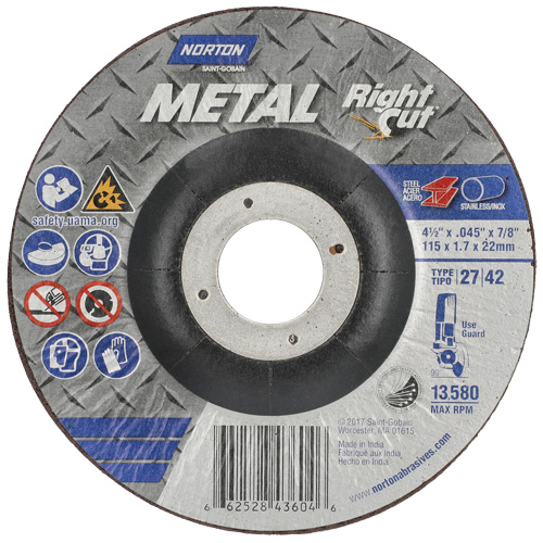 Metal RightCut Right Angle Cut-Off Wheel, 4-1/2" x 0.045", 7/8" Arbor, Type 27, Aluminum Oxide, 13580 RPM Les Distributions ICE