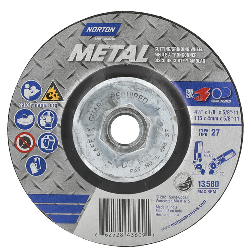 Metal Grinding & Cutting Wheel, 4-1/2" x 1/8", 5/8"-11 Arbor, Type 27, Aluminum Oxide Les Distributions ICE
