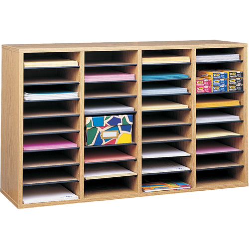 Adjustable Compartment Literature Organizer, Stationary, 36 Slots, Wood, 39-1/4" W x 11-3/4" D x 24" H Les Distributions ICE