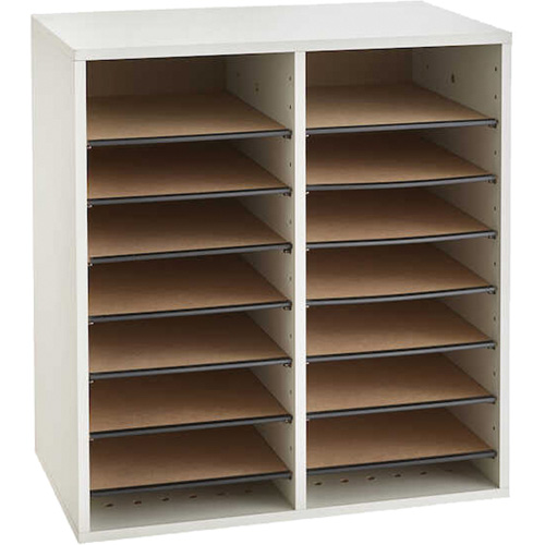Adjustable Compartment Literature Organizer, Stationary, 16 Slots, Wood, 19-1/2" W x 11-3/4" D x 21" H Les Distributions ICE