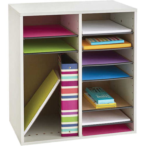 Adjustable Compartment Literature Organizer, Stationary, 16 Slots, Wood, 19-1/2" W x 11-3/4" D x 21" H Les Distributions ICE