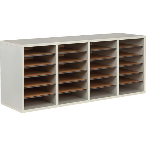 Adjustable Compartment Literature Organizer, Stationary, 24 Slots, Wood, 39-1/4" W x 11-3/4" D x 16-1/4" H Les Distributions ICE