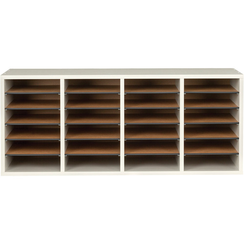 Adjustable Compartment Literature Organizer, Stationary, 24 Slots, Wood, 39-1/4" W x 11-3/4" D x 16-1/4" H Les Distributions ICE