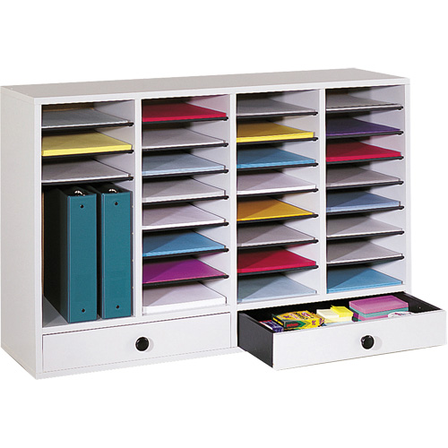 Adjustable Compartment Literature Organizer, Stationary, 34 Slots, Wood, 39-1/4" W x 11-3/4" D x 25-1/4" H Les Distributions ICE