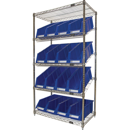 &eacute;tag&egrave;re en treillis m&eacute;tallique &agrave; tablettes inclin&eacute;es avec bacs, Tiers 5, 36" la x 63" h x 18" p Les Distributions ICE