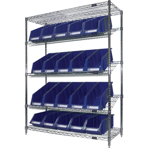 Slanted Wire Shelf with Bins, 5 Tiers, 48" W x 63" H x 18" D Les Distributions ICE