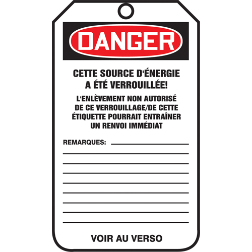 &eacute;tiquettes de s&eacute;curit&eacute; - Verrouillage, Papier cartonn&eacute;, 3-1/8" la x 5-7/8" h, Français Les Distributions ICE