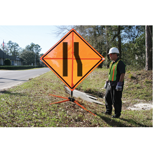 Tilt-Adjust Merge Left Roll-Up Construction Sign, 36" x 36", Vinyl, Pictogram Les Distributions ICE