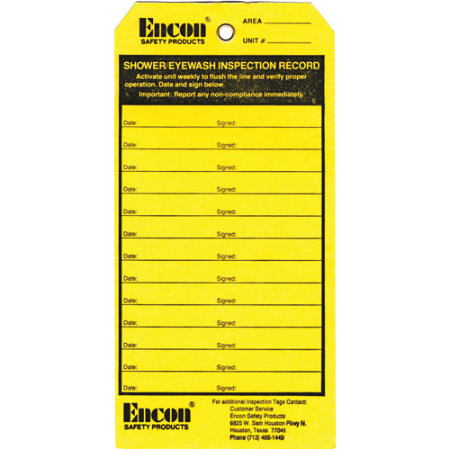 Emergency Shower & Eyewash Inspection Record Tag, Cardstock, 3-1/8" W x 6-1/4" H, English Les Distributions ICE