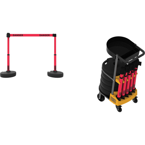Syst&egrave;me de barri&egrave;re &agrave; chariot portatif avec plateau Plus, 75' lo, M&eacute;tal/Plastique, Rouge Les Distributions ICE