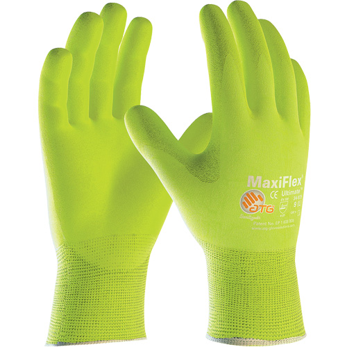 Gants sans coutures haute visibilit&eacute; ATG MaxiFlex Ultimate, Grand, R&ecirc;vetement Nitrile, Calibre 15, Enveloppe en Nylon/&eacute;lasthanne Les Distributions ICE