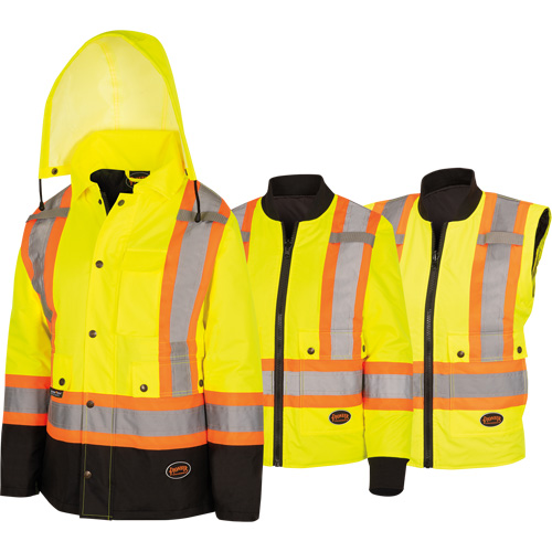 5021BBW Manteau 7 en 1 imperm&eacute;able pour femmes avec capuchon, Polyester/Polyur&eacute;thane, Jaune lime haute visibilit&eacute;, T-petit Les Distributions ICE