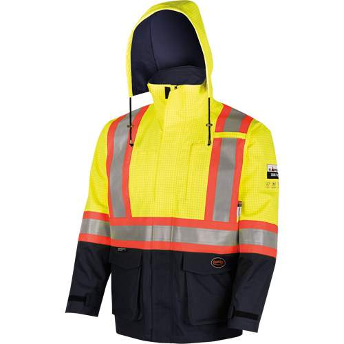 4485 Manteau de s&eacute;curit&eacute; Defender antistatique/ignifuge/anti-arc &eacute;lectrique en trilamin&eacute;, Petit, Noir/Jaune haute visibilit&eacute;, 11 cal/cm² Les Distributions ICE