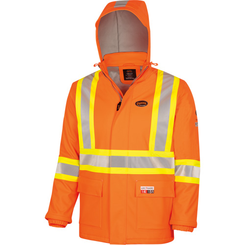 5884 Manteau imperm&eacute;able ignifuge et r&eacute;sistant aux arcs &eacute;lectriques avec capuchon Flash-Gard, Petit, Orange haute visibilit&eacute;, 51 cal/cm² Les Distributions ICE