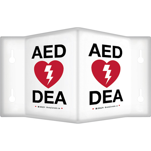 90° Projecting "AED/DEA" Sign, 9" x 6", Plastic, Bilingual with Pictogram Les Distributions ICE