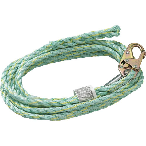 VL-1125-25 Cordage de s&eacute;curit&eacute; vertical avec mousqueton d'ancrage &agrave; une extr&eacute;mit&eacute; & &eacute;clisse dorsale d'extr&eacute;mit&eacute; &agrave; la traîne, Copolym&egrave;re Les Distributions ICE