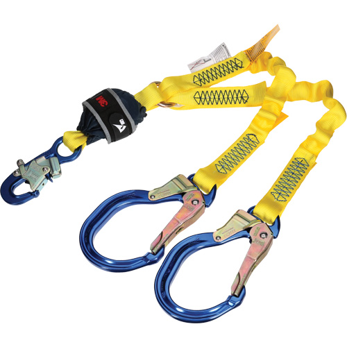 Twin-Leg Stretch Web Shock-Absorbing Lanyard, 4', Rebar Hook Center, Snap Hook Leg Ends Les Distributions ICE