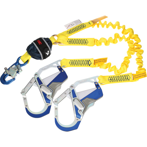 Twin-Leg Stretch Web Shock-Absorbing Lanyard, 6', Rebar Hook Center, Snap Hook Leg Ends Les Distributions ICE