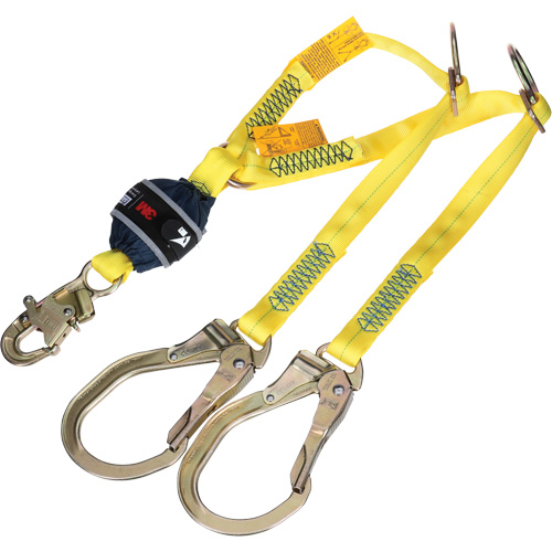 Twin-Leg Tie-Back Web Shock-Absorbing Lanyard, 4', Rebar Hook Center, Snap Hook Leg Ends, Polyester Les Distributions ICE