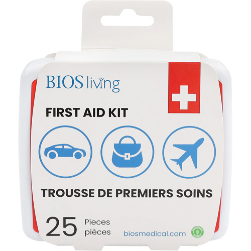 Trousse de premiers soins pour la maison et le voyage de 25 morceaux, Boîte en plastique Les Distributions ICE