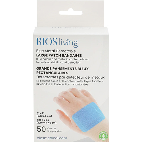 Grands bandages renforc&eacute;s bleus, Rectangulaire/carr&eacute;e, 3", Tissu d&eacute;tectable, St&eacute;rile Les Distributions ICE