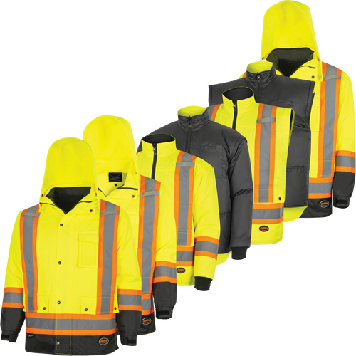Parka de s&eacute;curit&eacute; d'hiver imperm&eacute;able 7-en-1 5057 Pioneer Yukon, Polyester, Noir/Jaune lime haute visibilit&eacute;, T-petit Les Distributions ICE