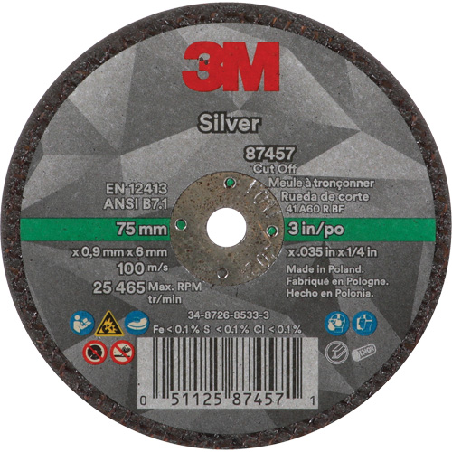 Silver Cut-Off Wheel, 3" x 0.04", 1/4"-28 Arbor, Type 1, Ceramic, 25645 RPM Les Distributions ICE