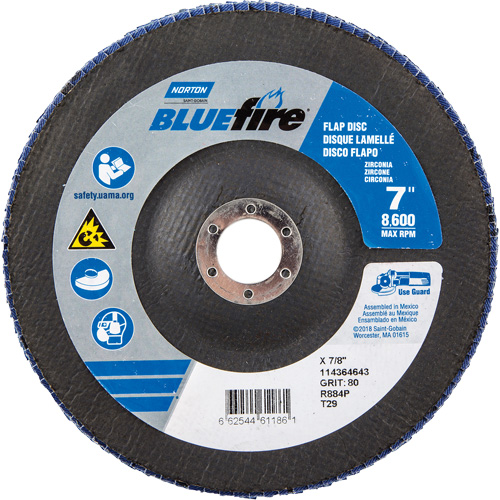 Disque &agrave; lamelles &agrave; grain grossier BlueFire, 7" x 7/8", Type 27, Grain 80, Alumine de zirconium Les Distributions ICE