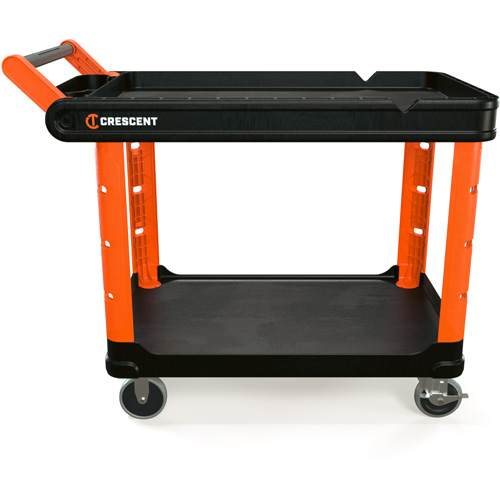 Chariot utilitaire industriel &agrave; 2 tablettes RAILWORKS avec roulettes dures de 5", 47" lo x 24-1/2" la x 34" h, Noir/Orange Les Distributions ICE